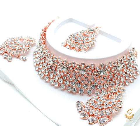 Rosegold with Silver jerkan stone beautiful necklace set