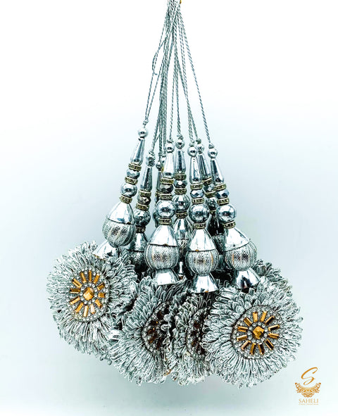 Silver Handmade Latkans With  Golden Stones (In Pair)