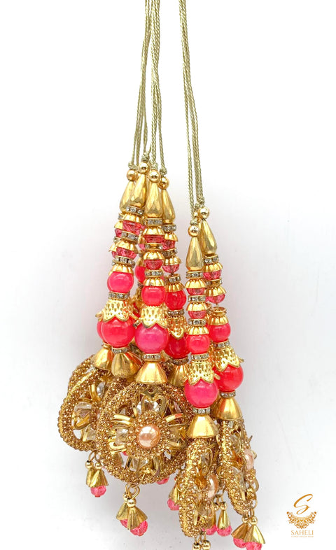 Peach Colour  Tassels/Latkans With  Golden Stones (In Pair)