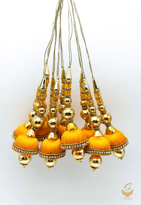 Yellow Thread Work Latkans With Golden Pearls ( in Pair)