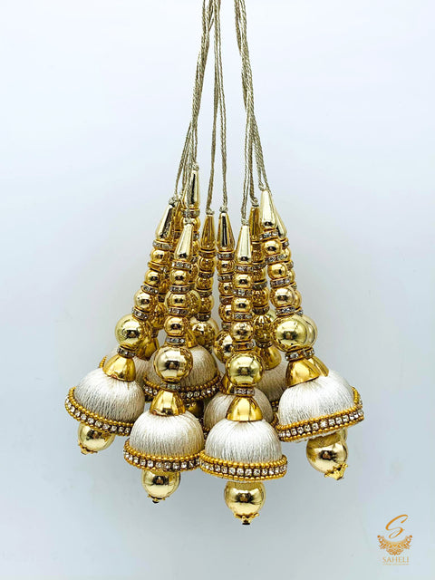 Tassels Cream Colour Thread Work  With Golden Pearls ( in Pair)