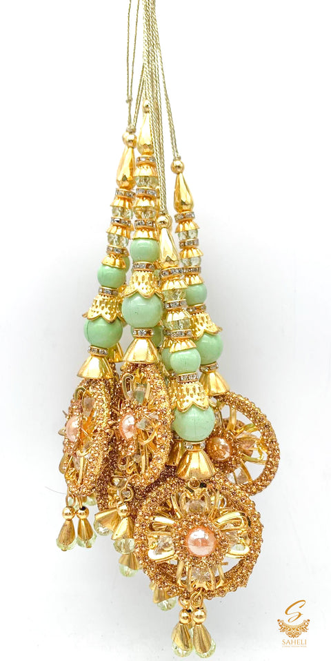 Mint Colour Tassels/Latkans With  Golden Stones (In Pair)