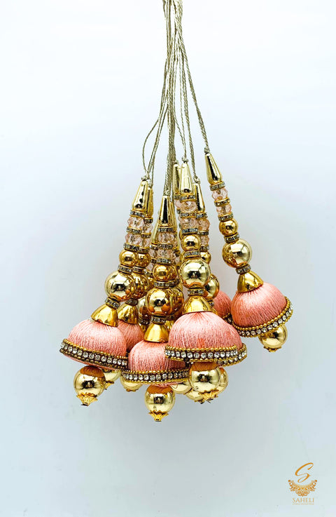 Tassels Light Peach Colour Thread Work  With Golden Pearls ( in Pair)