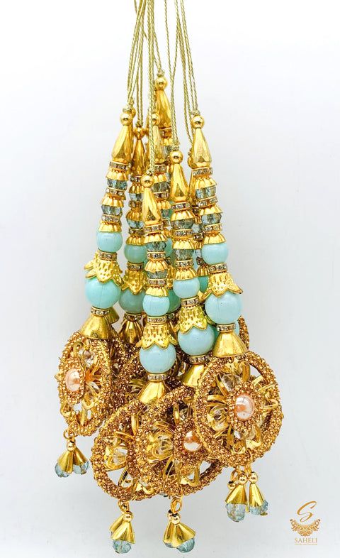 Sky blue Colour Tassels/Latkans With  Golden Stones (In Pair)