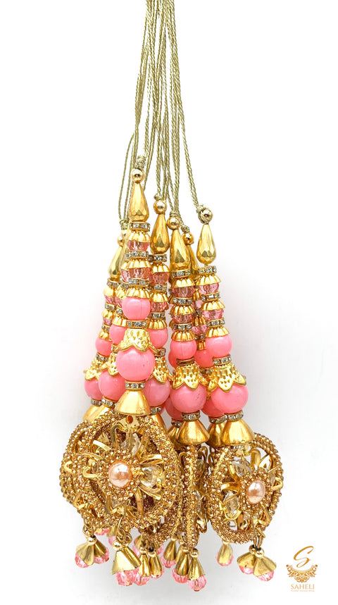 Light Pink Colour Tassels/Latkans With  Golden Stones (In Pair)