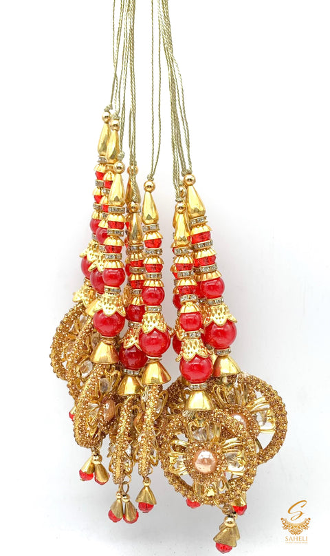 Red Colour Tassels/Latkans With  Golden Stones (In Pair)