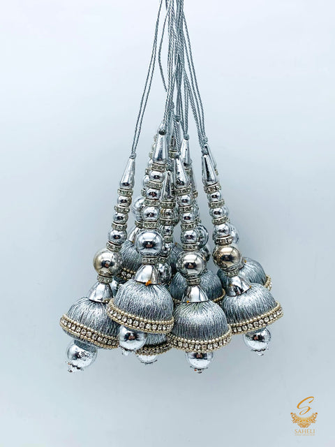 Tassels Silver Colour Thread Work  With Golden Pearls ( in Pair)