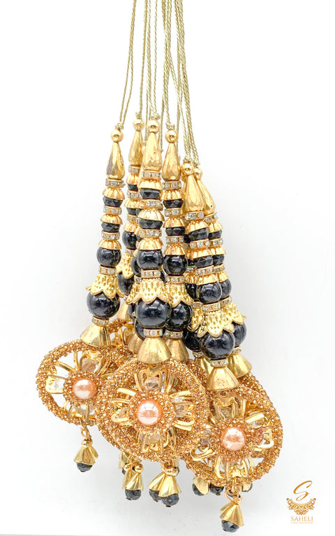 Black Colour Tassels/Latkans With  Golden Stones (In Pair)