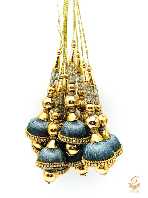 Tassels Grey Colour Thread Work  With Golden Pearls ( in Pair)