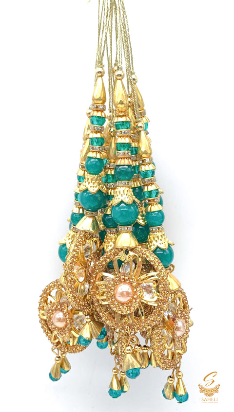Teal Colour Tassels/Latkans With  Golden Stones (In Pair)