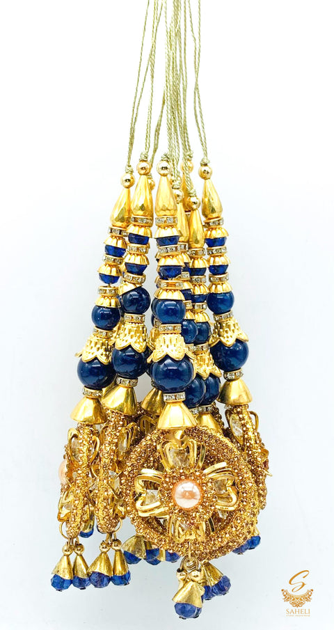 Dark Blue Colour Tassels/Latkans With  Golden Stones (In Pair)