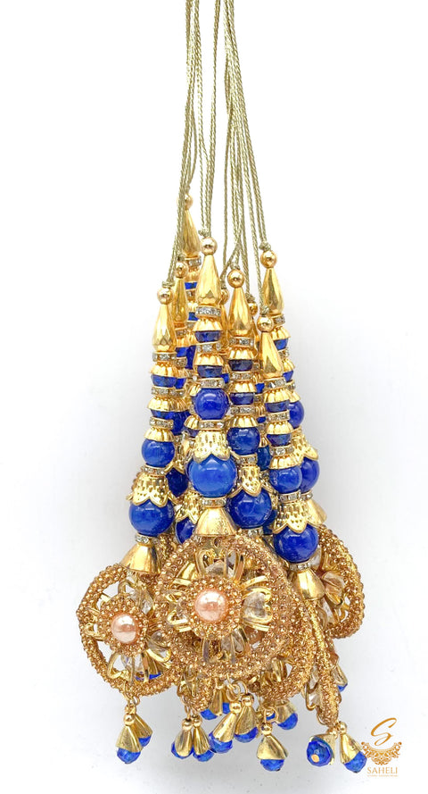 Royal Blue Colour Tassels/Latkans With  Golden Stones (In Pair)