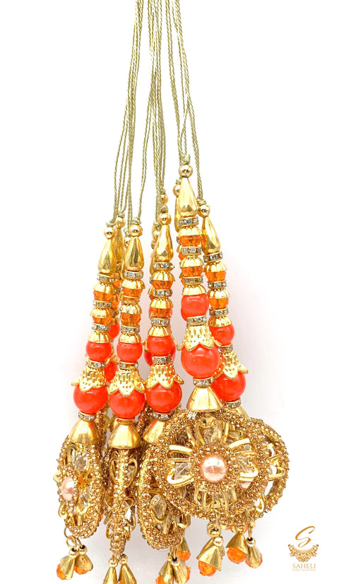 Orange Colour Tassels/Latkans With  Golden Stones (In Pair)