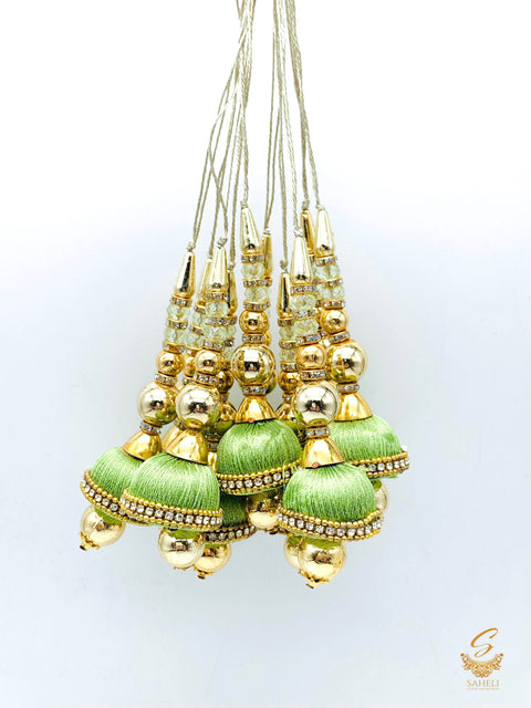 Light Green Work Latkans With Golden Pearls ( in Pair)