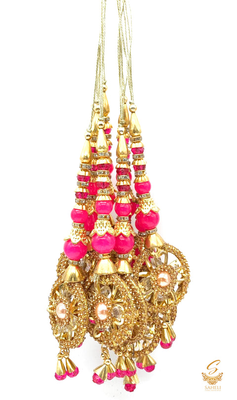 Pink Colour Tassels/Latkans With  Golden Stones (In Pair)