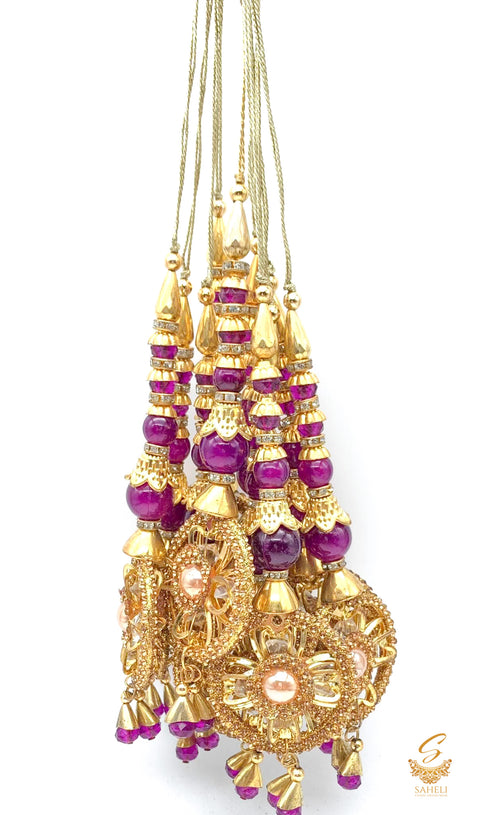 Purple Colour Tassels/Latkans With  Golden Stones (In Pair)