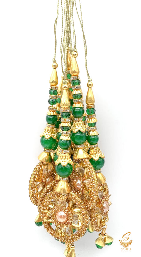 Green Colour Tassels/Latkans With  Golden Stones (In Pair)