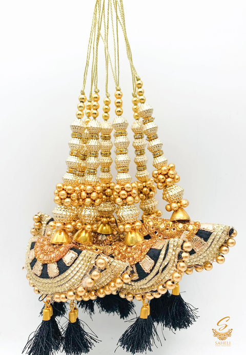 Black Cushion Tassels/Latkans With Golden Pearl Work (in pair)