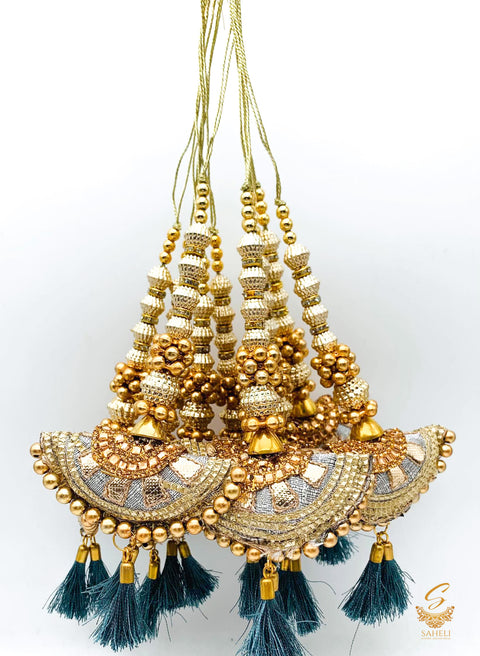 Grey Cushion Tassels/Latkans With Golden Pearl Work (in pair)