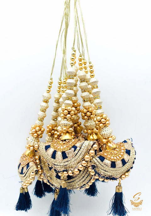Dark Blue Cushion Tassels/Latkans With Golden Pearl Work (in pair)