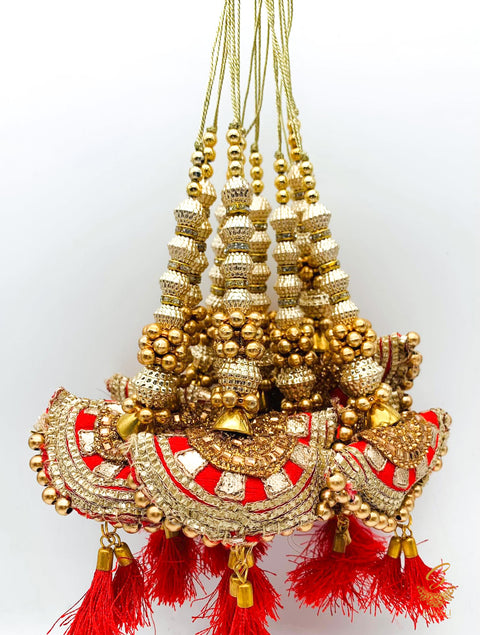 Red Cushion Tassels/Latkans With Golden Pearl Work (in pair)