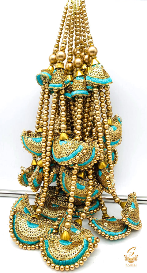 Teal Heavy Cushions Tassels/Latkans With Pearl Work (In Pair)