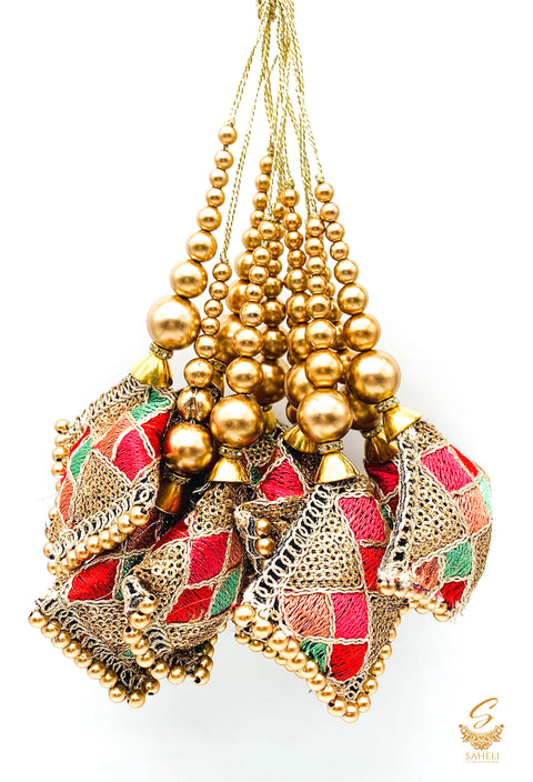 Multi Colours Cushion Tassels/Latkans With Golden Pearl Work (in pair)