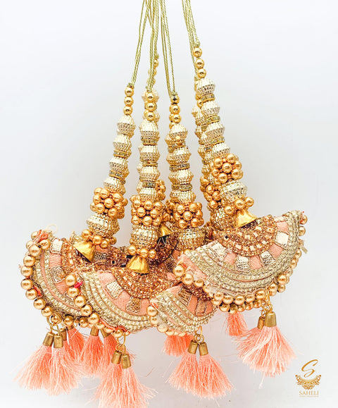 Light Peach Cushion Tassels/Latkans With Golden Pearl Work (in pair)