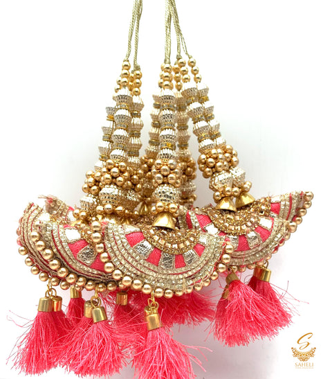 Dark Peach Cushion Tassels/Latkans With Golden Pearl Work (in pair)