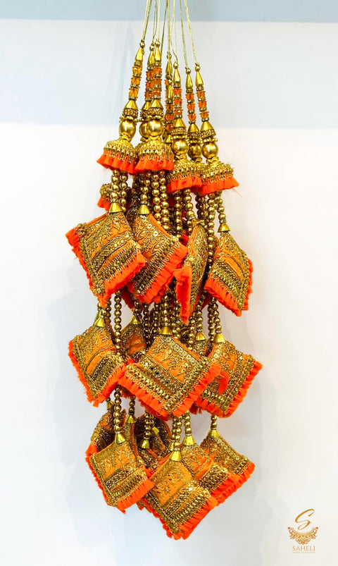 Orange Long/ Heavy Cushions Tassels/Latkans With Pearl Work (In Pair)