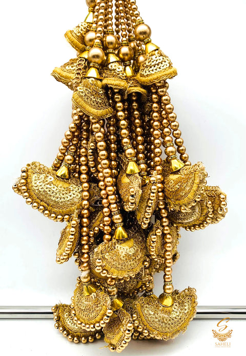 Golden Heavy Cushions Tassels/Latkans With Pearl Work (In Pair)