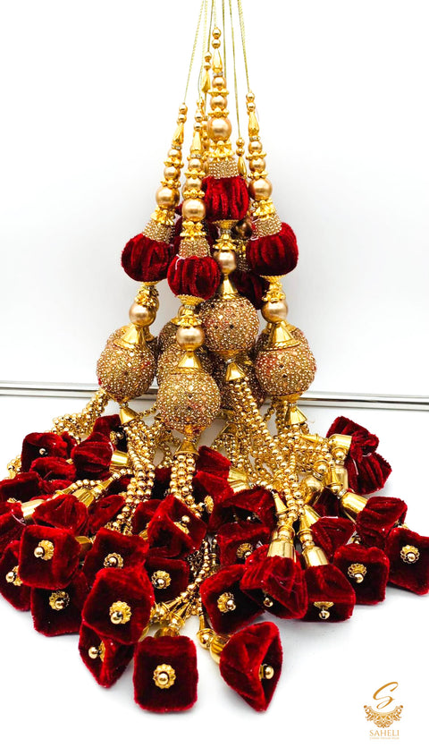 Maroon Long Tassels/Latkans With Velvet and Golden Pearl Work (in pair)