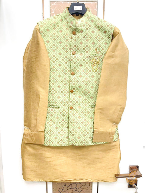 Golden colour mens kurta pents with Pastel mnt colour brocade jacket