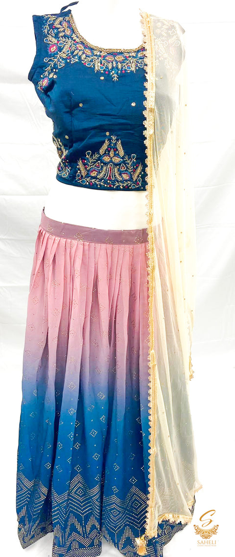 Size 42 (upto 44) Peacock Blue colour silk based handwork blouse with georgette based two tones heavy ken ken lehnga & netting dupatta