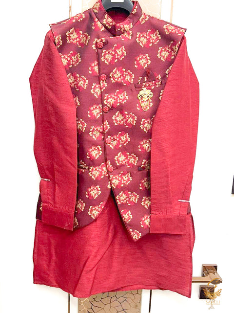 Deep Maroon colour mens kurta pents with Deep Maroon colour brocade jacket