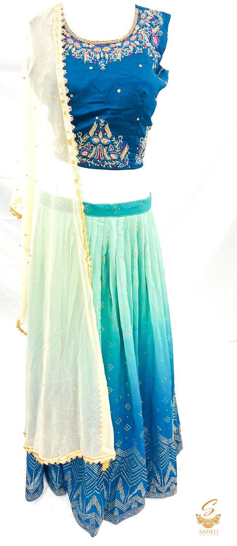 Size 42 (upto 44) Peacock Blue colour silk based handwork blouse with georgette based two tones heavy ken ken lehnga & netting dupatta