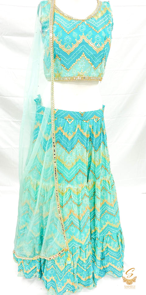 Size 38 Baby blue & sea blue colour Chiffon based beautiful Gotta Patti work jaipuri Print blouse & heavy ken ken lehnga & netting dupatta