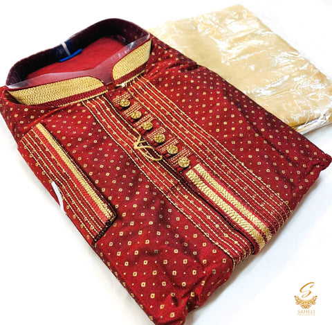 Deep Marooon colour silk based all over embroidered mens kurta with golden colour pajama pents