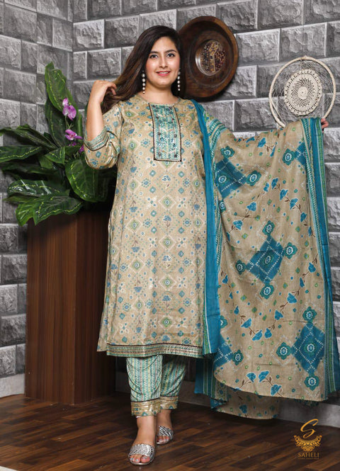 Pastel mint green & peaock blue colour rayon based printed kurti & Pents with chiffon dupatta