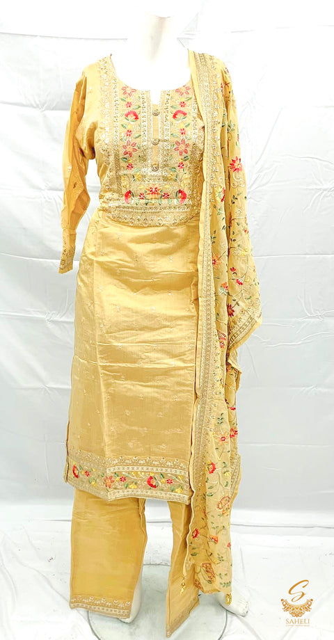 Size 40 Beige Colour  Silk Based Embroidered Work Kameez With Pents & Beautiful all over embroidered work Dupatta