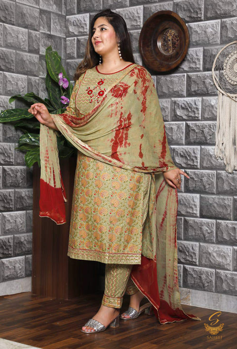 Pastel mint colour cotton based printed kurta with pents and chiffon dupatta