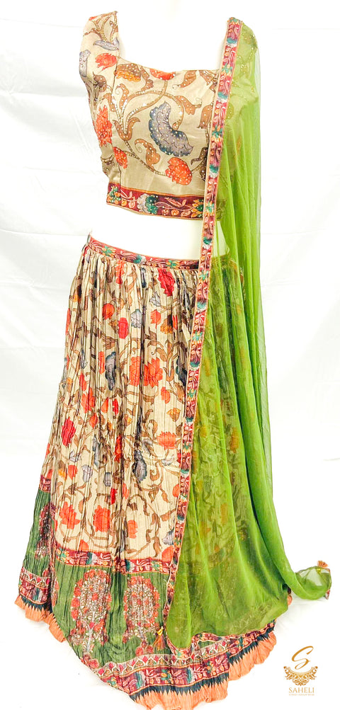Size 42 (upto 44) Pastel sand dollar colour  malmal silk beautiful handwork printed blouse with silk based printed heavy ken ken lehnga & netting dupatt