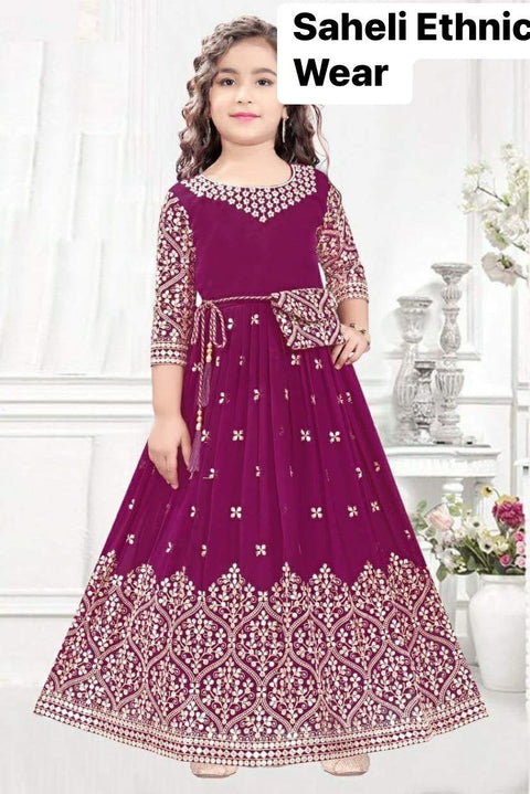 Deep Maroon Colour georgette based heavy handwork kids kameez