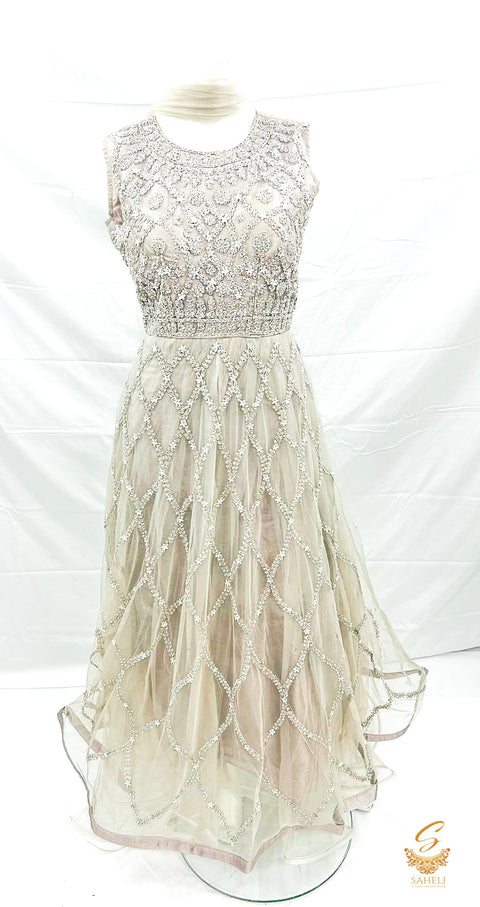Size 40 (upto 42) grey colour netting  based embroidery & stone work design gown