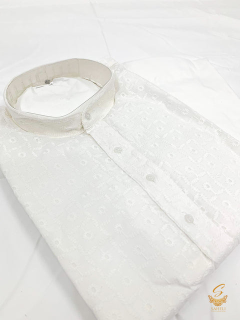 White colour cotton  based chikankari work kurta with white pajama