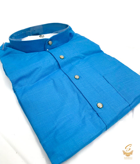 Dark Skyblue colour cotton based plain kurta with white pajama