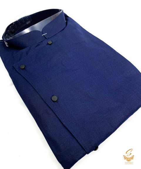 Nevi Blue colour cotton linen based side button and cut work bottom style kurta with white Pents