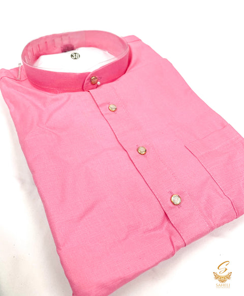 Bubblegum Pink colour cotton based plain kurta with white pajama