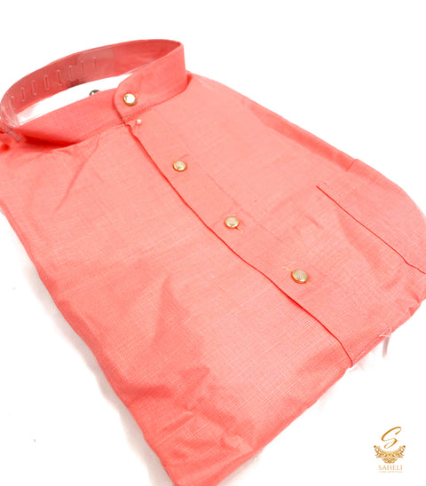 Peachy Pink colour cotton based plain kurta with white pajama