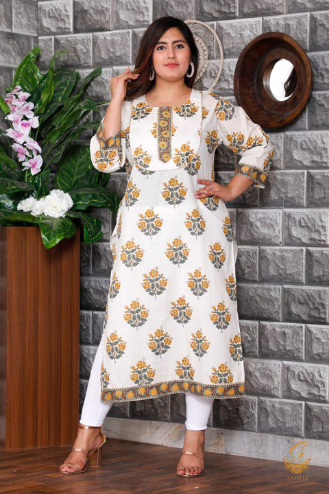 Cream  colour cotton based printed beautiful kurti